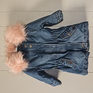 Infant Girls 18M Denim Anorak Hooded Coat Urban Republic Dark Pink Fur NWT T6